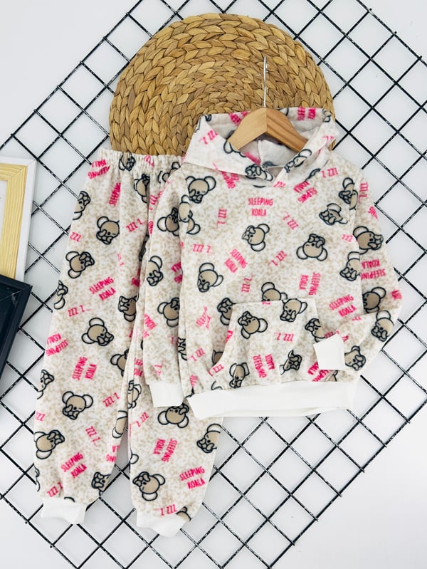 4200-2 Koala Desenli Kapşonlu Kız Çocuk Polar Pijama Takımı-KREM