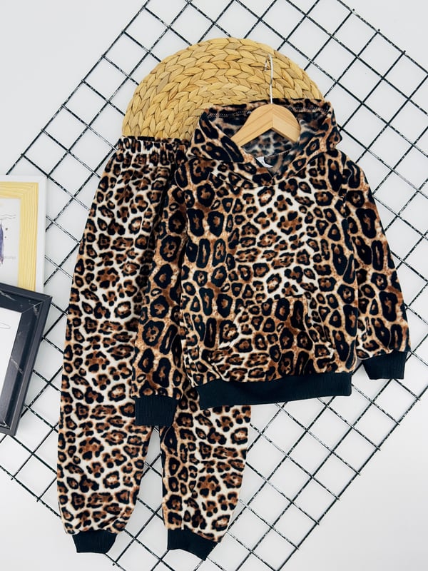 4200-3 Leopar Desenli Kapşonlu Kız Çocuk Polar Pijama Takımı-LEOPAR