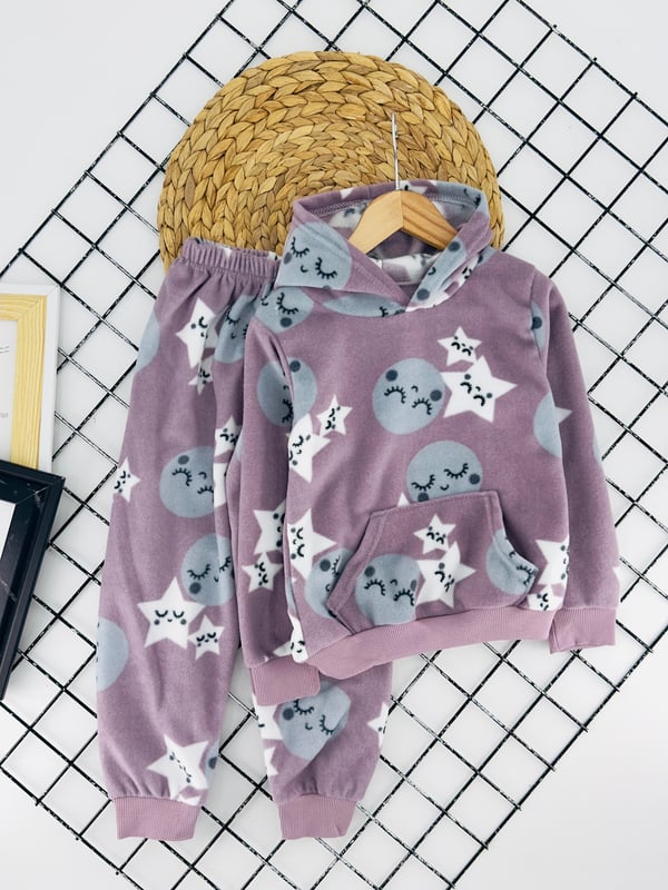 4200-4 Yıldız Desenli Kapşonlu Kız Çocuk Polar Pijama Takımı-LİLA