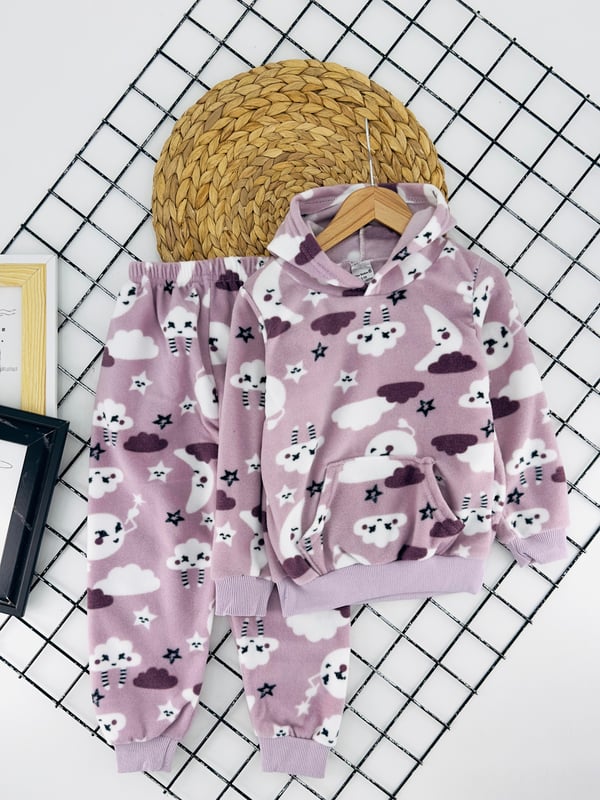 4200-5 Bulut Desenli Kapşonlu Kız Çocuk Polar Pijama Takımı-LİLA