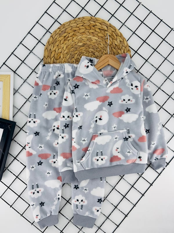 4200-5 Bulut Desenli Kapşonlu Kız Çocuk Polar Pijama Takımı-GRİ