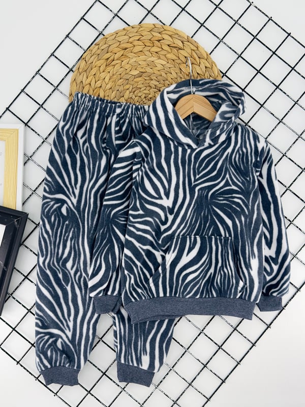 4200 Zebra Desenli Kapşonlu Kız Çocuk Polar Pijama Takımı-LACİVERT