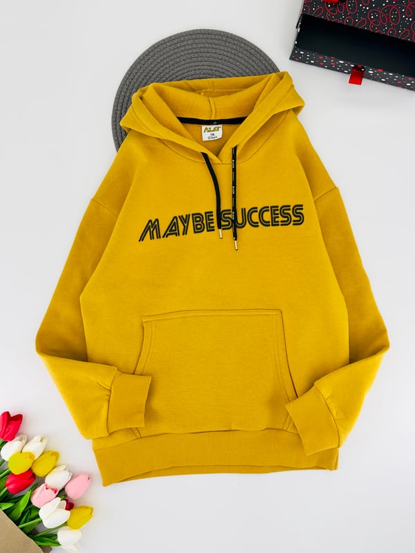 424527 Maybe Yazılı Kapşonlu Üç İplik Şardonlu Erkek Çocuk Sweat-HARDAL