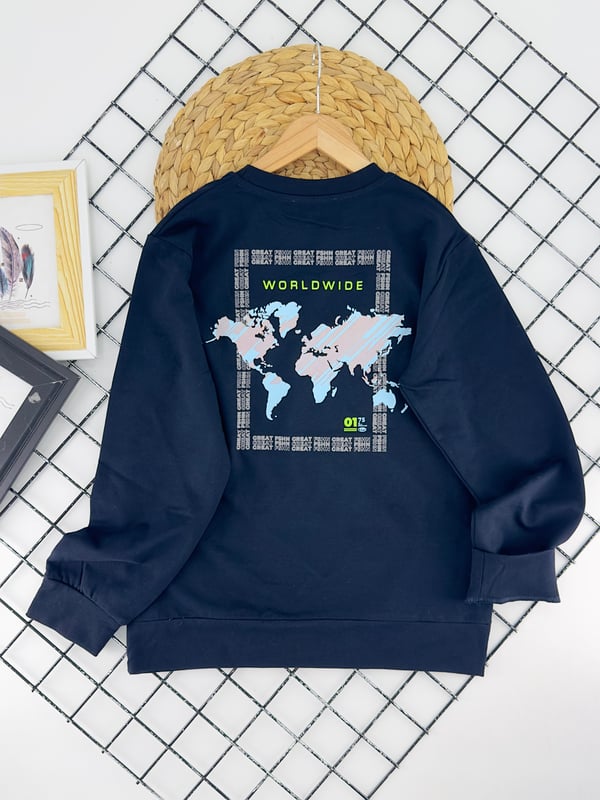 424548 Ges Worldwide Yazılı Baskılı Erkek Çocuk Şardonlu İki İplik Sweat-LACİVERT