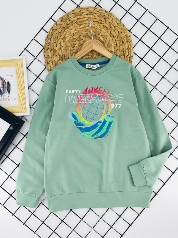 424619 Top Ateş Baskılı İki İplik Şardonlu Erkek Çocuk Sweat-YEŞİL