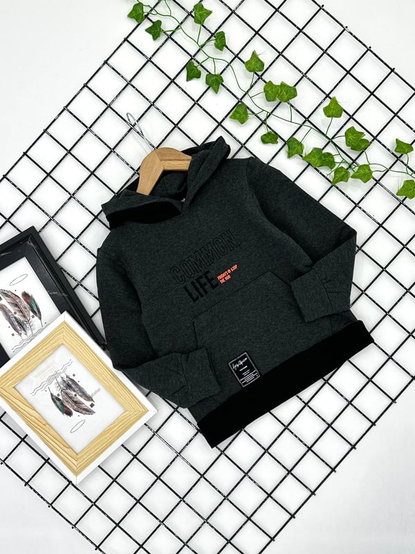 4284-1 Common Life Baskılı Kapşonlu  Erkek Çocuk Sweat-FÜME