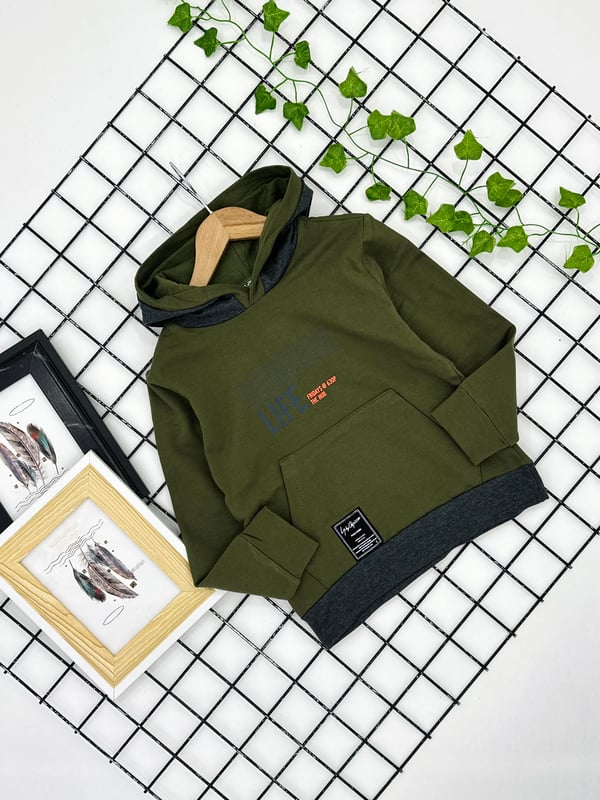 4284-1 Common Life Baskılı Kapşonlu  Erkek Çocuk Sweat-YEŞİL