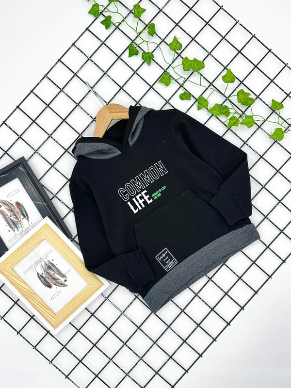4284 Commen Life Baskılı Kapşonlu Erkek Çocuk Sweat-SİYAH