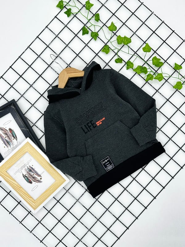 4284 Commen Life Baskılı Kapşonlu Erkek Çocuk Sweat-FÜME