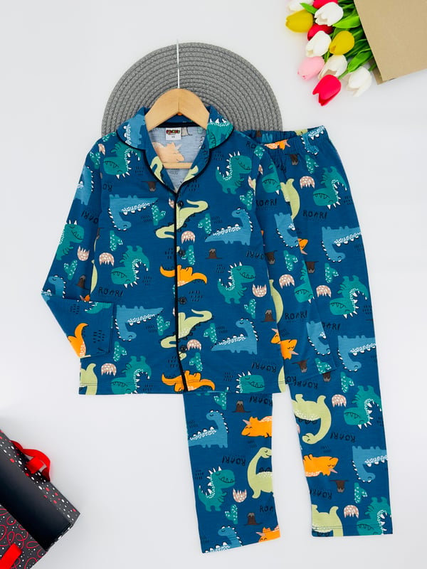 4343 Dinozor Baskılı Erkek Pijama Takımı-İNDİGO MAVİ