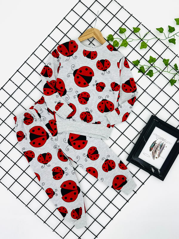 4733 Uğur Böcek Baskılı İki İplik Kız Çocuk Pijama takım (8/12 Yaş)-GRİ