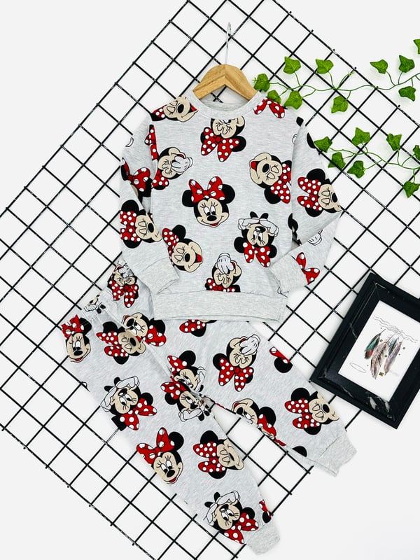 4734 Minnie Baskılı İki İplik Kız Çocuk Pijama takım (8/12 Yaş)-GRİ