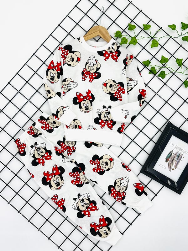 4734 Minnie Baskılı İki İplik Kız Çocuk Pijama takım (8/12 Yaş)-KREM
