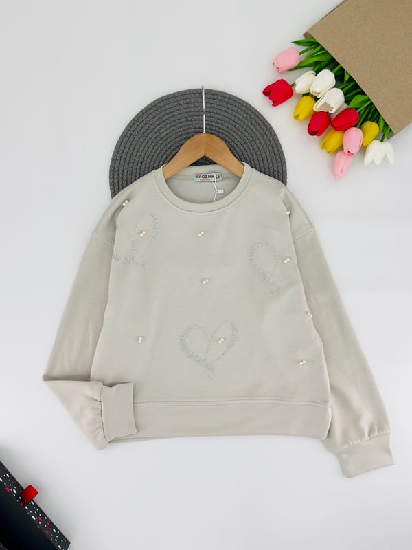 489-1 Kalpli Boncuklu Kız Çocuk Oysho Kumaş Sweat-TAŞ