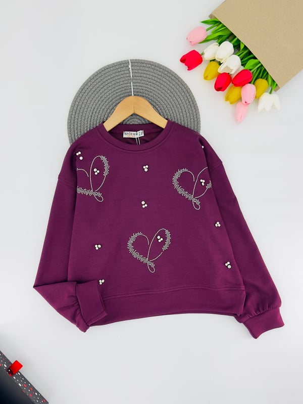 489-1 Kalpli Boncuklu Kız Çocuk Oysho Kumaş Sweat-BORDO