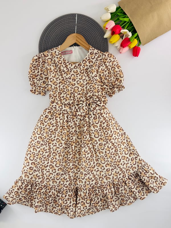 4926 Leopar Desenli Fiyonklu Kız Çocuk Elbise-LEOPAR