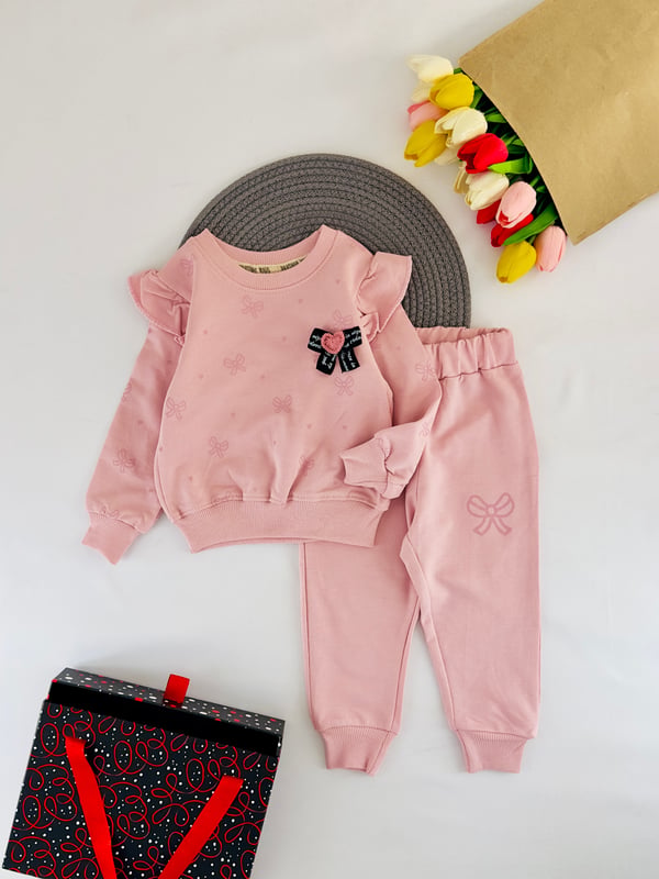 4977 Çoklu Fiyonk Desenli Kız Çocuk Takım-PEMBE