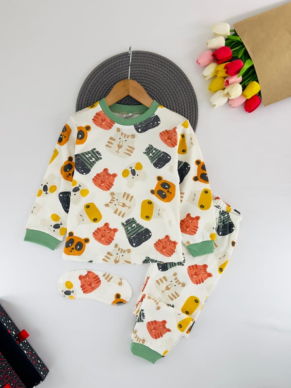 5010-3 Sevimli Hayvan Baskılı Erkek Çocuk Bandanalı Pijama Takımı-BEYAZ