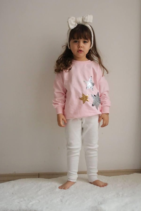 5031 Yıldız Pullu Baskılı Kız Çocuk İki İplik Mevsimlik Takım-TOZ PEMBE