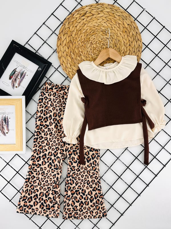 5106-1 Leopar Pantolonlu Gömlekli Süveterli Kız Çocuk 3 Lü Takım-KAHVE