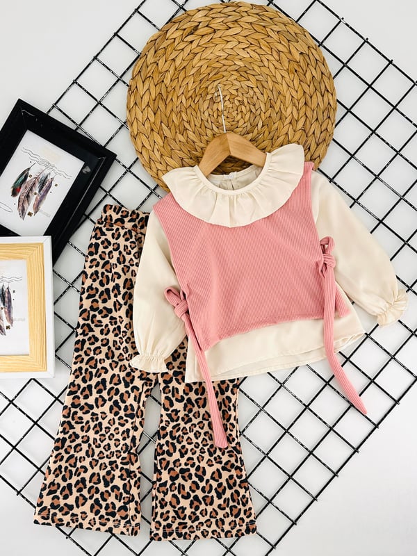 5106-1 Leopar Pantolonlu Gömlekli Süveterli Kız Çocuk 3 Lü Takım-PEMBE