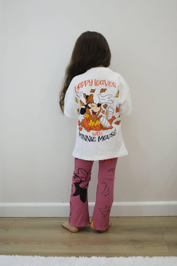 5134 Minnie Yaprak Baskılı Kız Çocuk Taytlı Takım-BEYAZ
