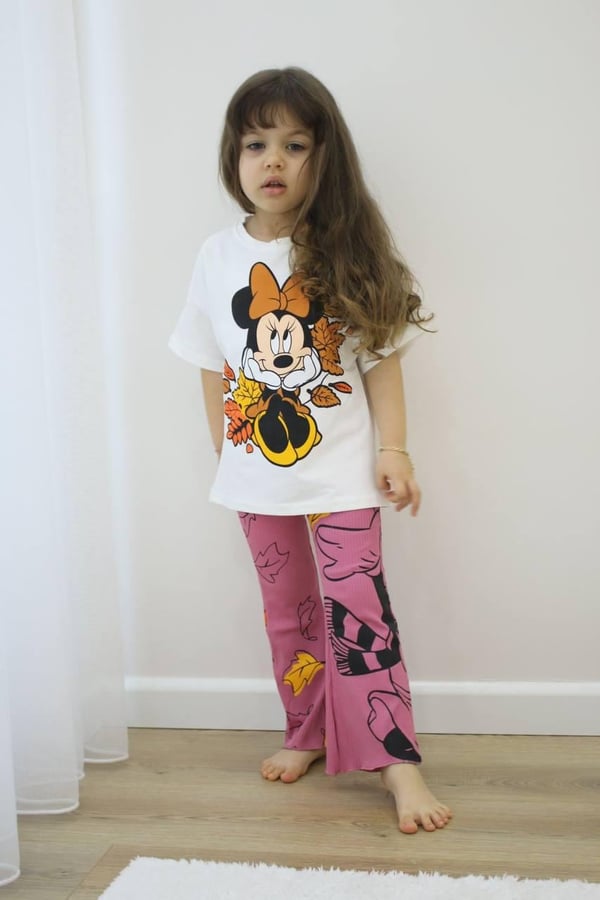 5134 Minnie Yaprak Baskılı Kız Çocuk Taytlı Takım-BEYAZ