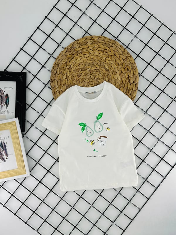5254116 Ananas Gülücük Baskılı Kız Çocuk Penye Tişört-BEYAZ
