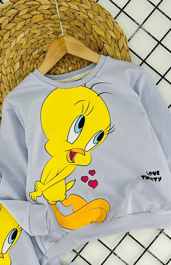 57061 Tweey Baskılı Kız Çocuk İki İplik Penye Takım-GRİ