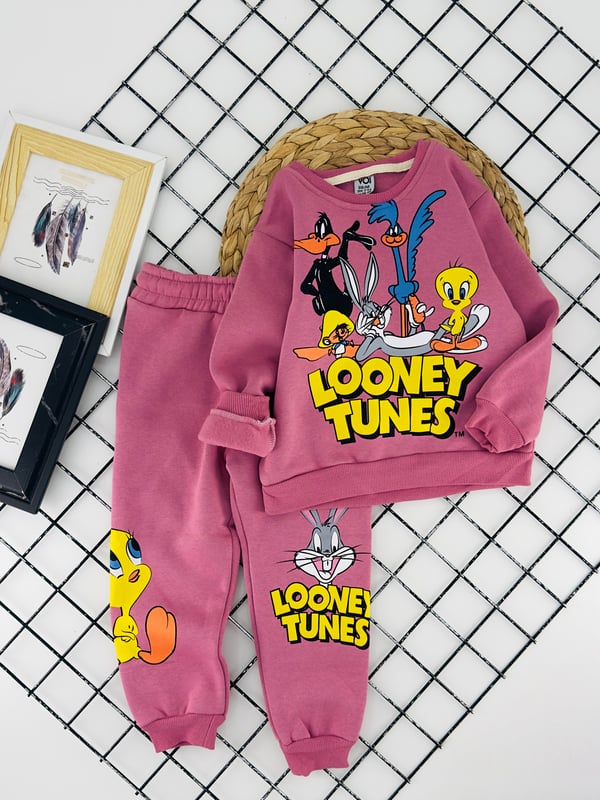 57135 Loney Tunes Karakter Baskılı Kız Çocuk Üç İplik Şardonlu Takım-GÜL KURUSU