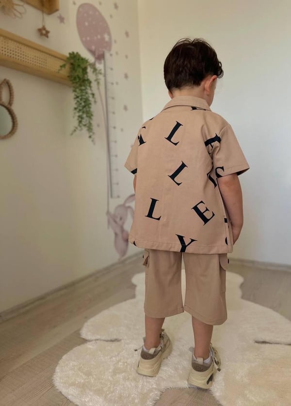6042 Just Yazılı Erkek Çocuk 3 Lü Keten Takım-BEJ