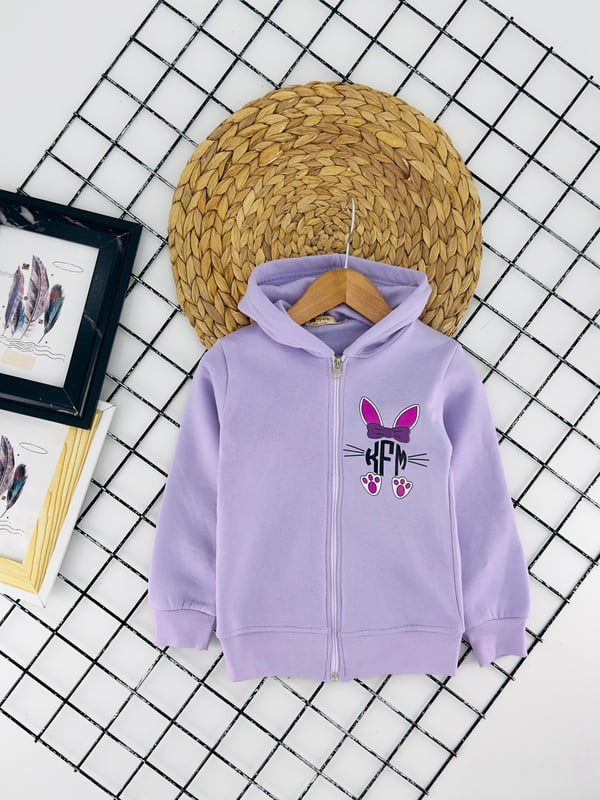 611111 Kfm Yazılı Pati Baskılı İki İp Şardonlu Kız Çocuk Hırka-LİLA