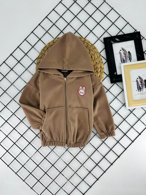 6130 Tavşan Nakışlı Kız Çocuk Polar Hırka-BEJ