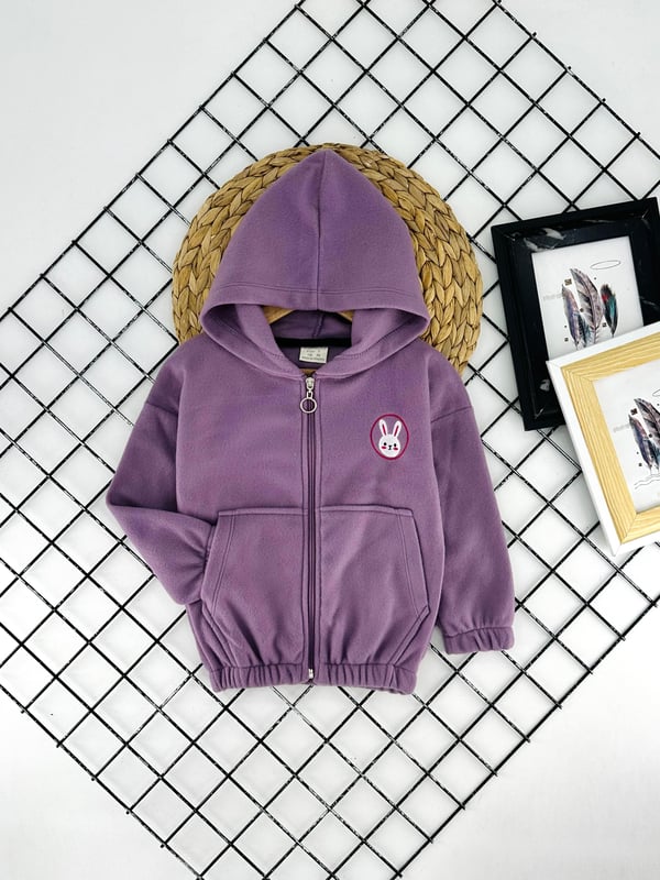 6130 Tavşan Nakışlı Kız Çocuk Polar Hırka-LİLA