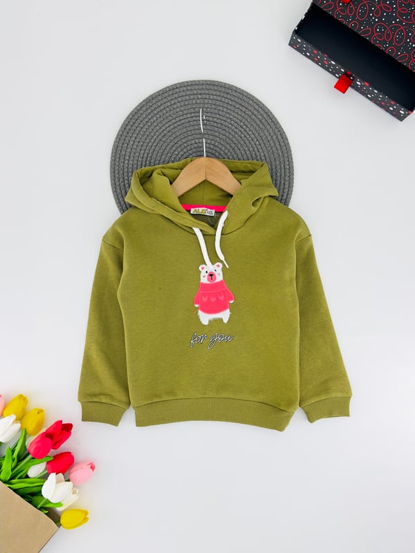 623625 Önü Ayıcık Detaylı Kapşonlu Üç İp Kız Çocuk Sweat-HAKİ YEŞİLİ