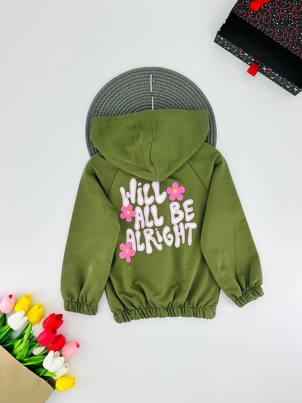 624424 Ön Çiçek Baskılı Altı Büzgülü Kız Çocuk Sweat-YEŞİL