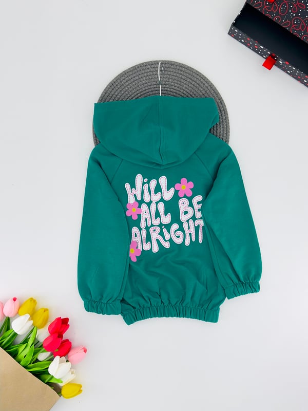 624424 Ön Çiçek Baskılı Altı Büzgülü Kız Çocuk Sweat-ÇİM YEŞİLİ