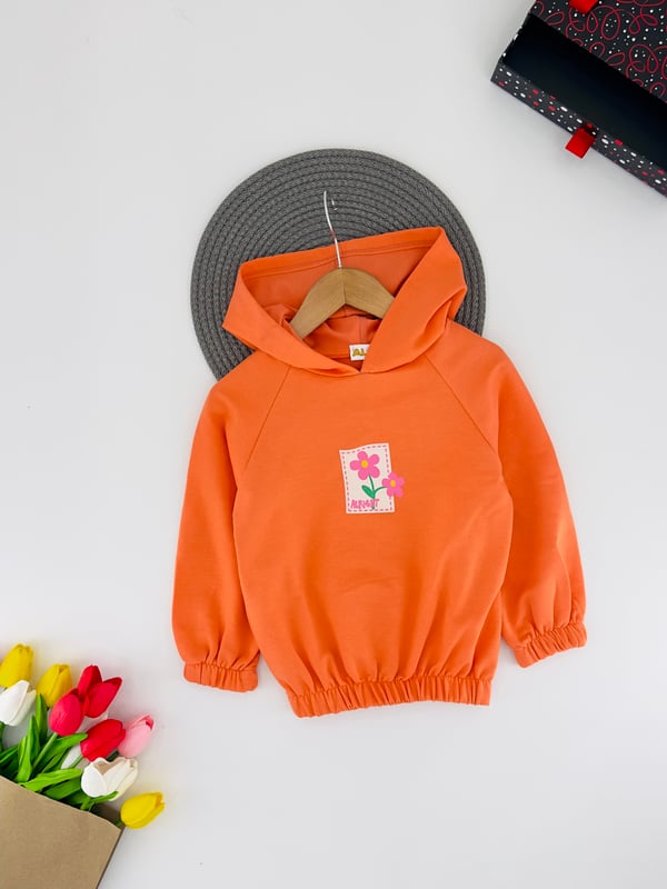 624424 Ön Çiçek Baskılı Altı Büzgülü Kız Çocuk Sweat-TURUNCU