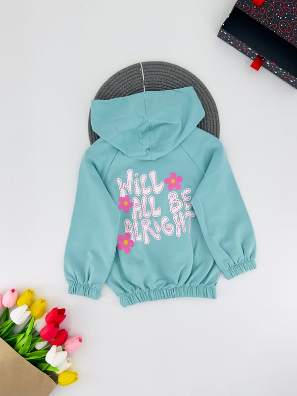 624424 Ön Çiçek Baskılı Altı Büzgülü Kız Çocuk Sweat-MİNT YEŞİL