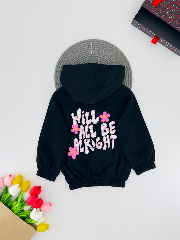 624424 Ön Çiçek Baskılı Altı Büzgülü Kız Çocuk Sweat-SİYAH