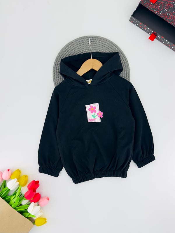 624424 Ön Çiçek Baskılı Altı Büzgülü Kız Çocuk Sweat-SİYAH