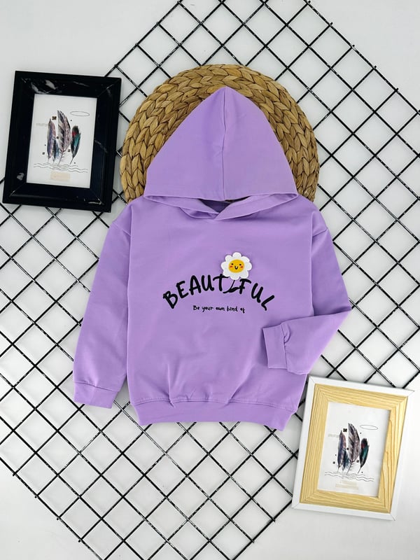 624817 Çiçek Baskılı Kız Çocuk İki İplik Penye Sweat-LİLA