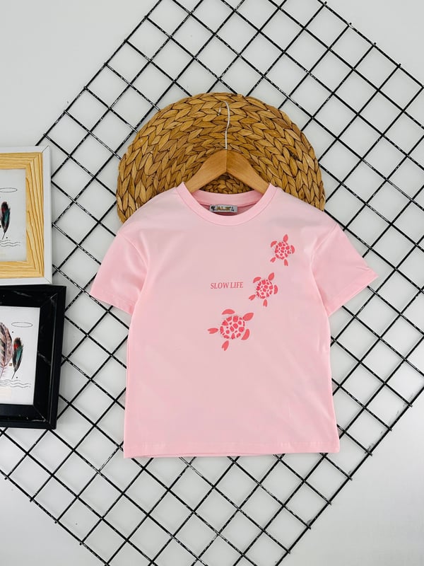 625587 Slow Life Nakış Baskılı Kız Çocuk Penye Tişört-TOZ PEMBE