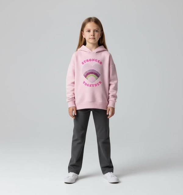 6264256 Stronger Yazılı Pul Kalp Nakışlı Kız Çocuk Üç İp Sweat-PEMBE