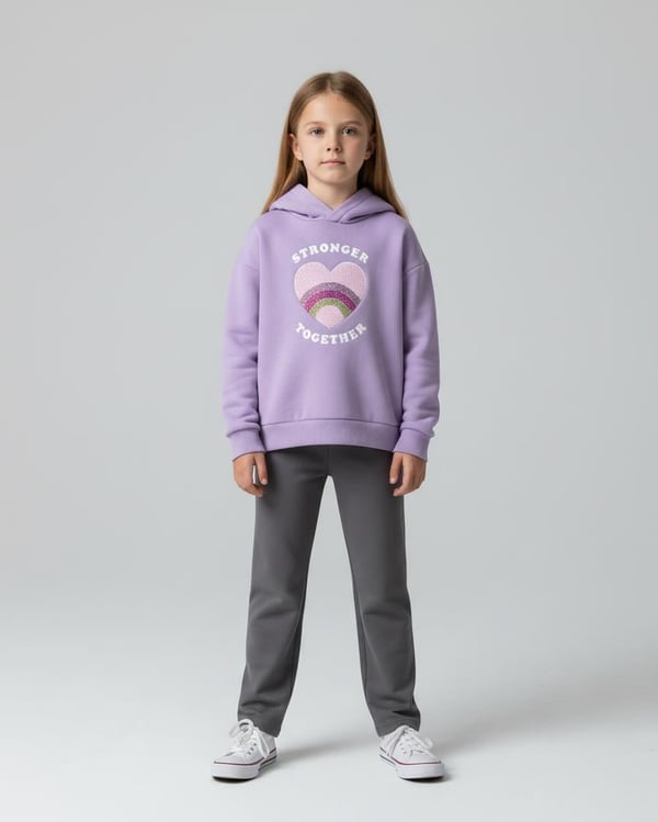 6264256 Stronger Yazılı Pul Kalp Nakışlı Kız Çocuk Üç İp Sweat-LİLA
