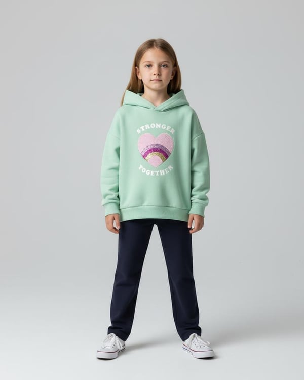 6264256 Stronger Yazılı Pul Kalp Nakışlı Kız Çocuk Üç İp Sweat-YEŞİL