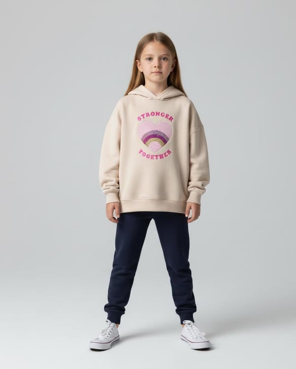 6264256 Stronger Yazılı Pul Kalp Nakışlı Kız Çocuk Üç İp Sweat-BEYAZ