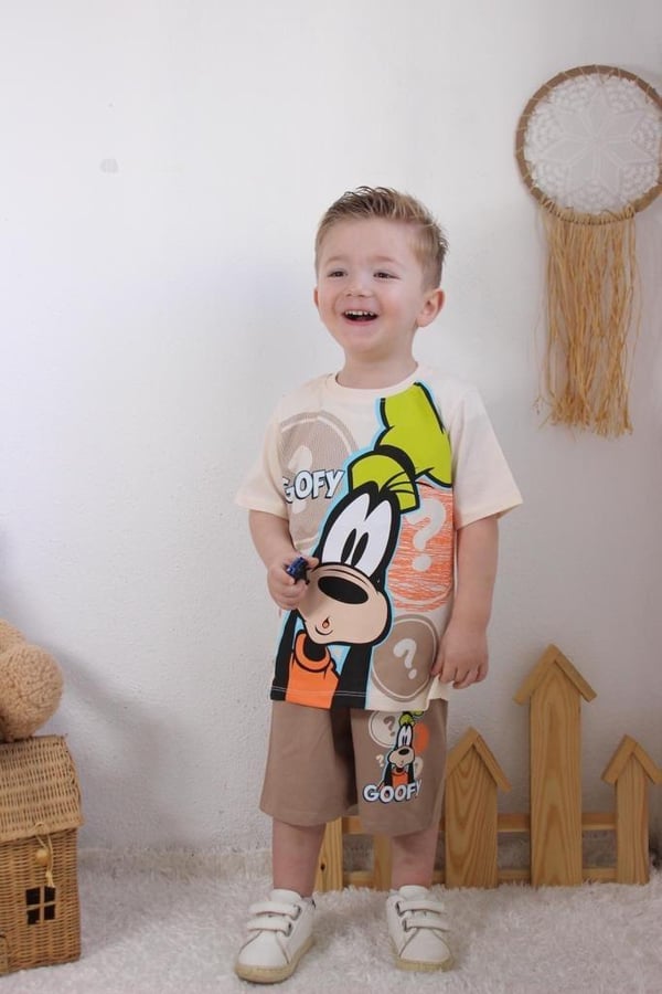 6269 Goofy Baskılı Erkek Çocuk Penye Şortlu Takım-BEJ