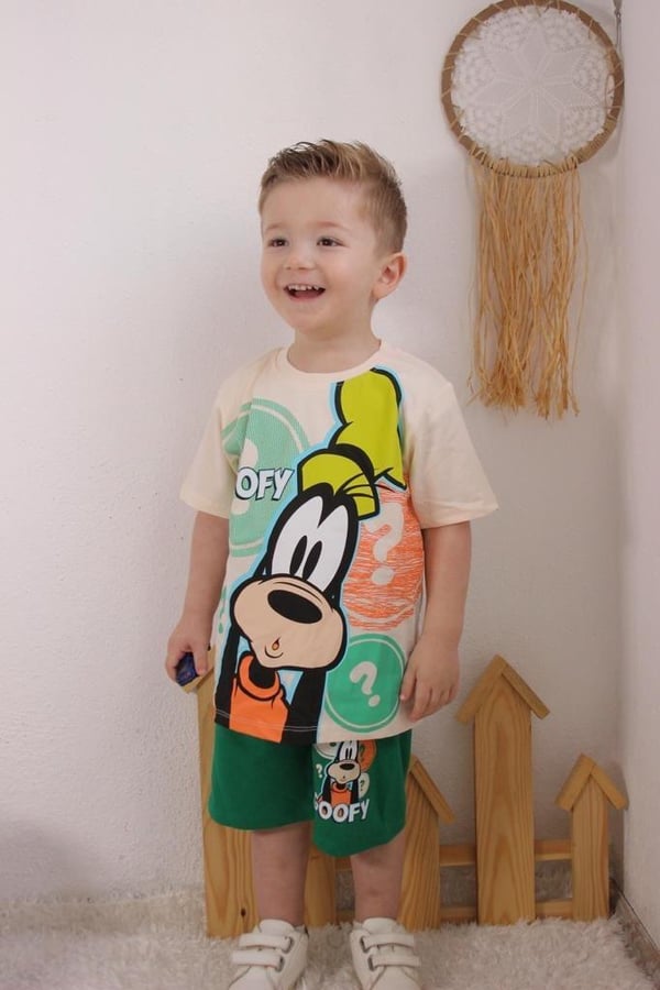 6269 Goofy Baskılı Erkek Çocuk Penye Şortlu Takım-YEŞİL