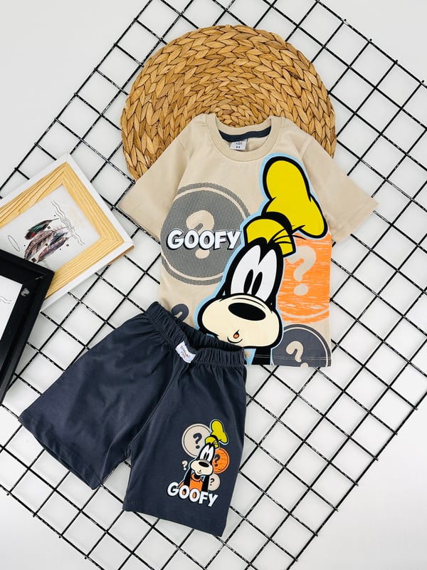 6269 Goofy Baskılı Erkek Çocuk Penye Şortlu Takım-FÜME